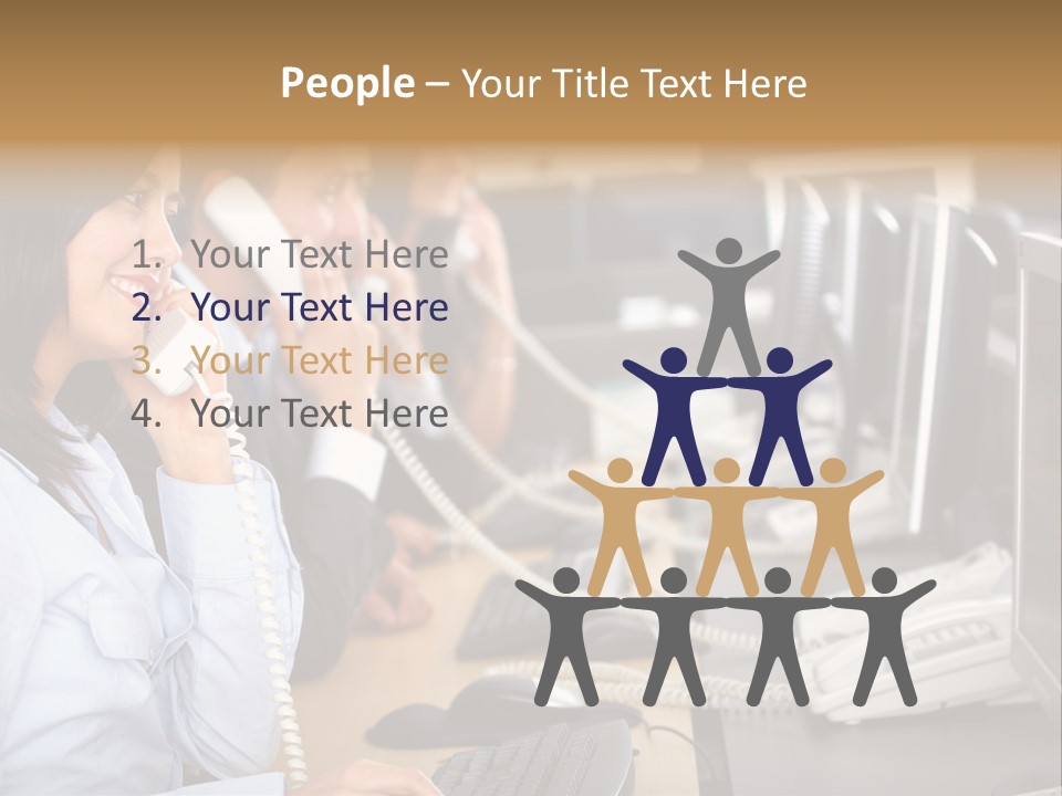 A Group Of People Sitting At A Desk Talking On Telephones PowerPoint Template