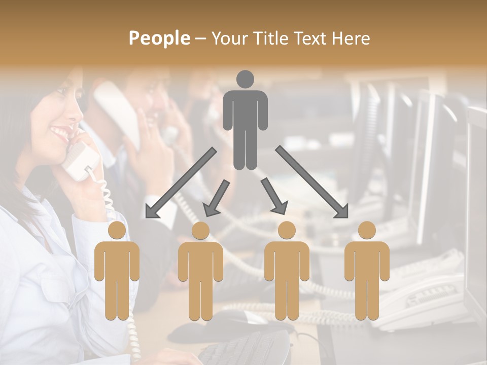 A Group Of People Sitting At A Desk Talking On Telephones PowerPoint Template