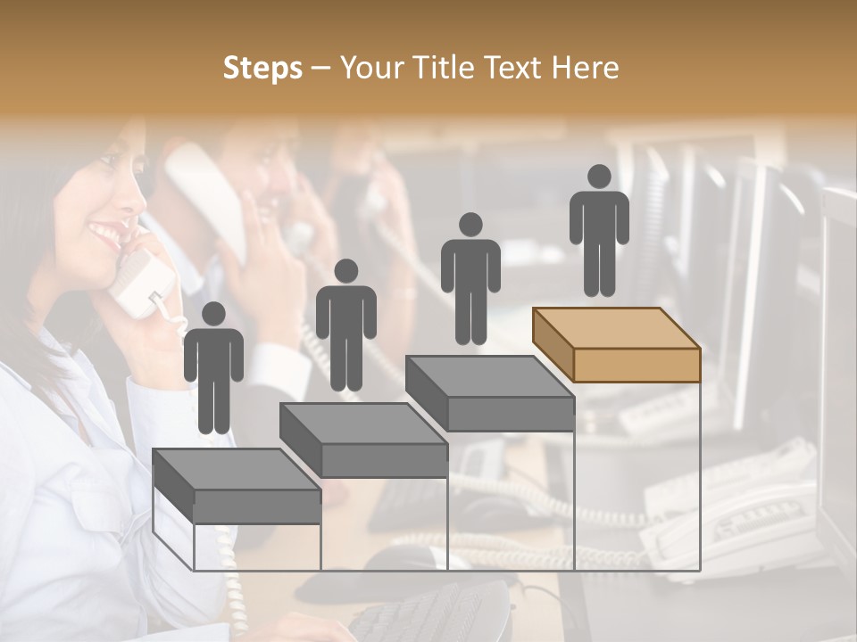 A Group Of People Sitting At A Desk Talking On Telephones PowerPoint Template