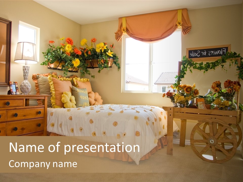A Bed Room With A Bed A Dresser And A Window PowerPoint Template