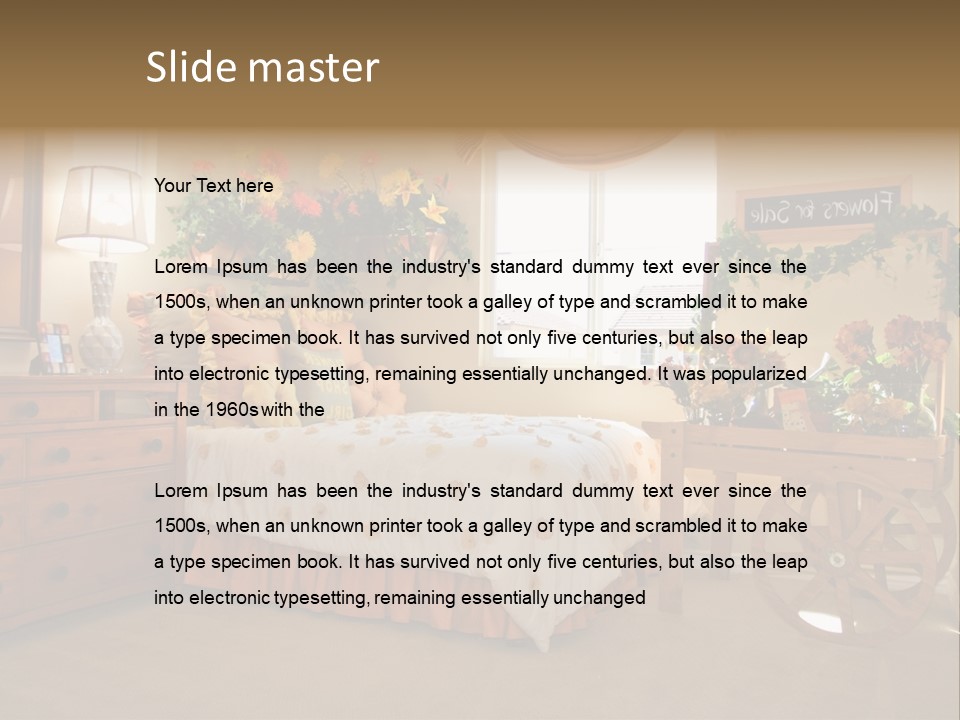 A Bed Room With A Bed A Dresser And A Window PowerPoint Template