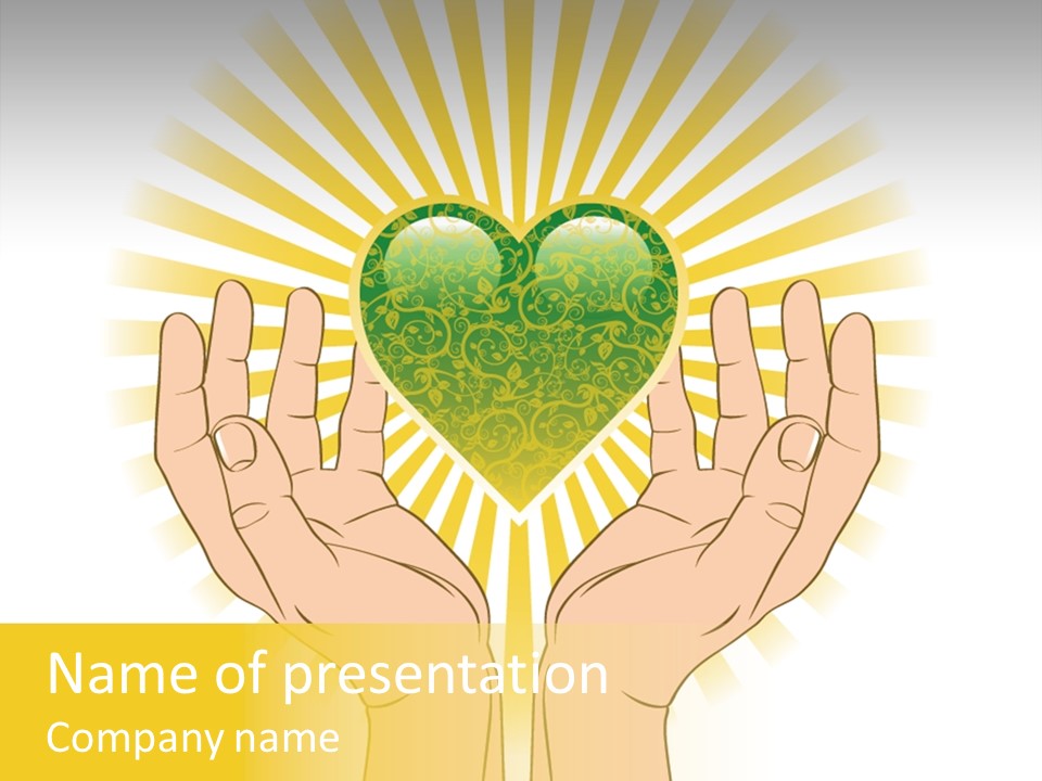 Two Hands Holding A Green Heart Over A White Background PowerPoint Template