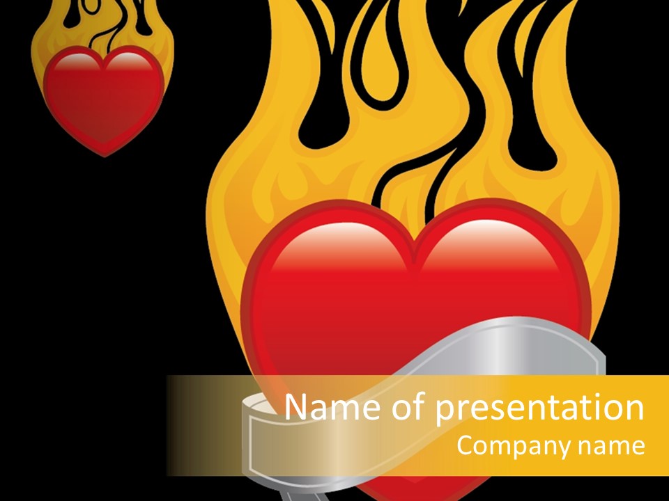 A Heart With Flames And A Ribbon On A Black Background PowerPoint Template