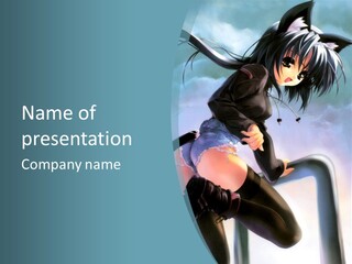 A Anime Girl With Long Black Hair And A Cat Ears On Her Head PowerPoint Template