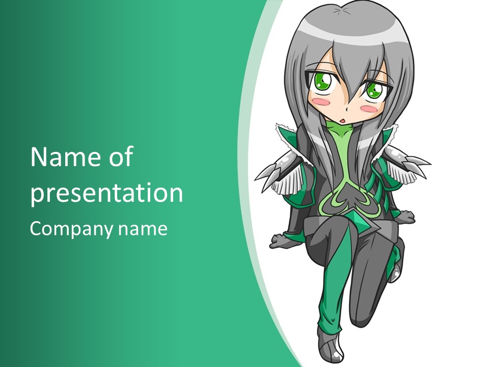 A Girl With Grey Hair And Green Eyes Is Sitting On A Green And White Background PowerPoint Template