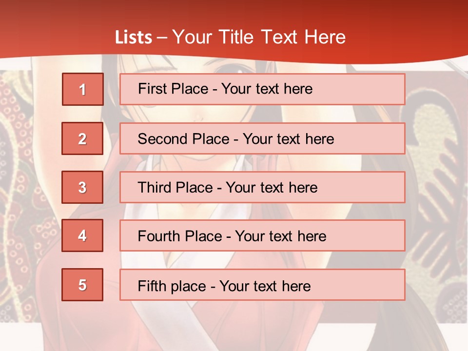 A Woman In A Red And White Dress With Her Arms Up In The Air PowerPoint Template