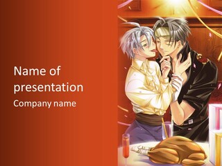A Couple Of People That Are Kissing In Front Of A Cake PowerPoint Template