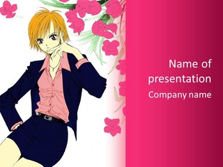 A Woman With Orange Hair And A Pink Shirt Is Standing In Front Of A Pink PowerPoint Template