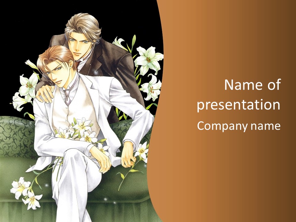 A Man And Woman Sitting On A Couch With Flowers PowerPoint Template