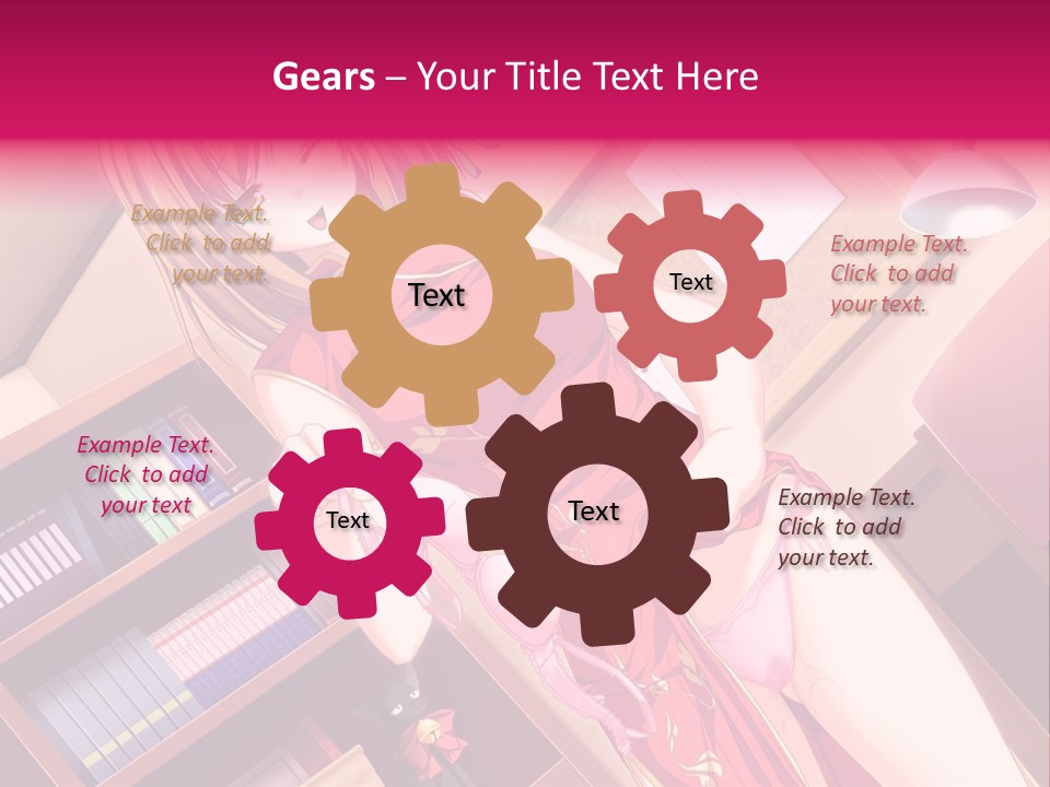 A Woman In A Red Dress Standing In Front Of A Book Shelf PowerPoint Template