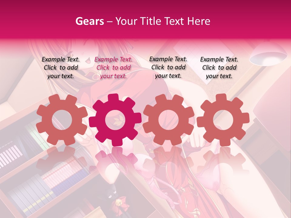 A Woman In A Red Dress Standing In Front Of A Book Shelf PowerPoint Template