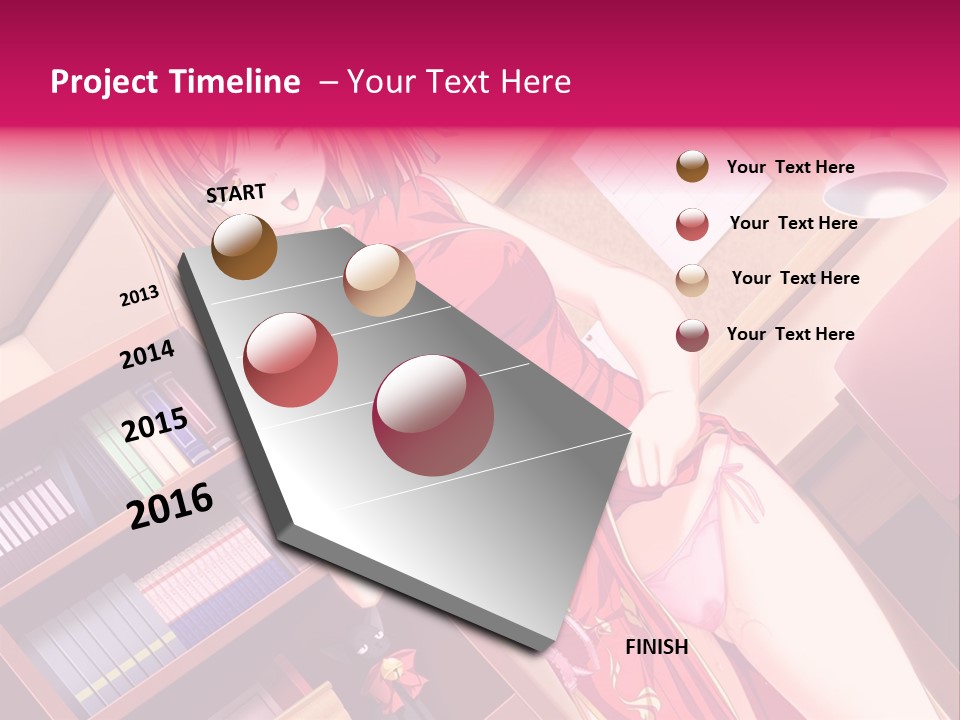 A Woman In A Red Dress Standing In Front Of A Book Shelf PowerPoint Template