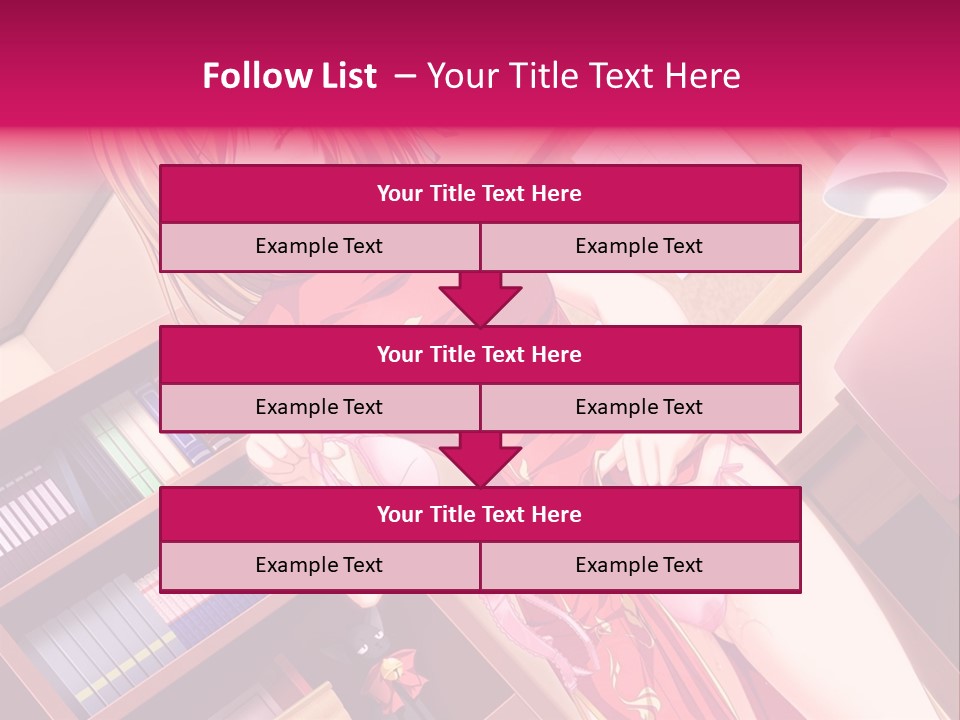 A Woman In A Red Dress Standing In Front Of A Book Shelf PowerPoint Template