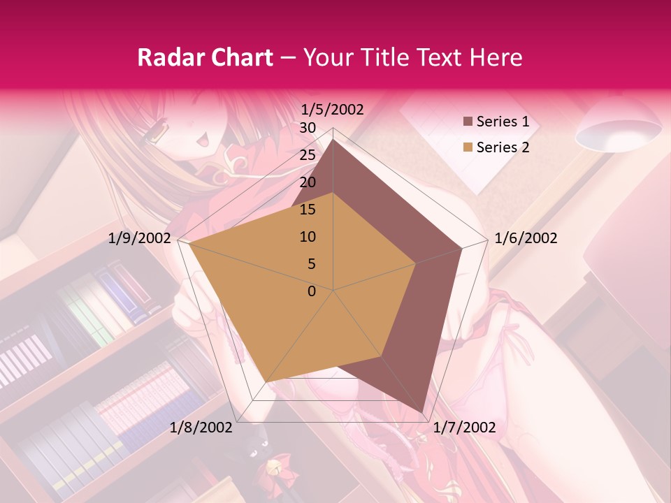 A Woman In A Red Dress Standing In Front Of A Book Shelf PowerPoint Template
