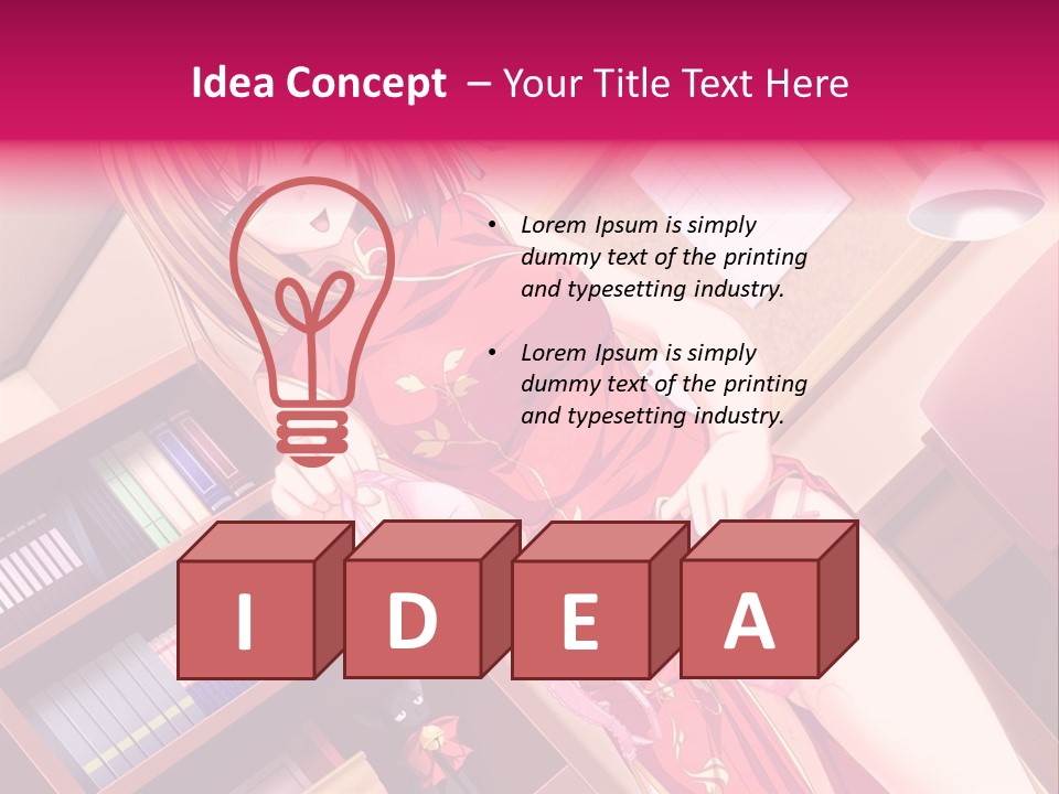 A Woman In A Red Dress Standing In Front Of A Book Shelf PowerPoint Template