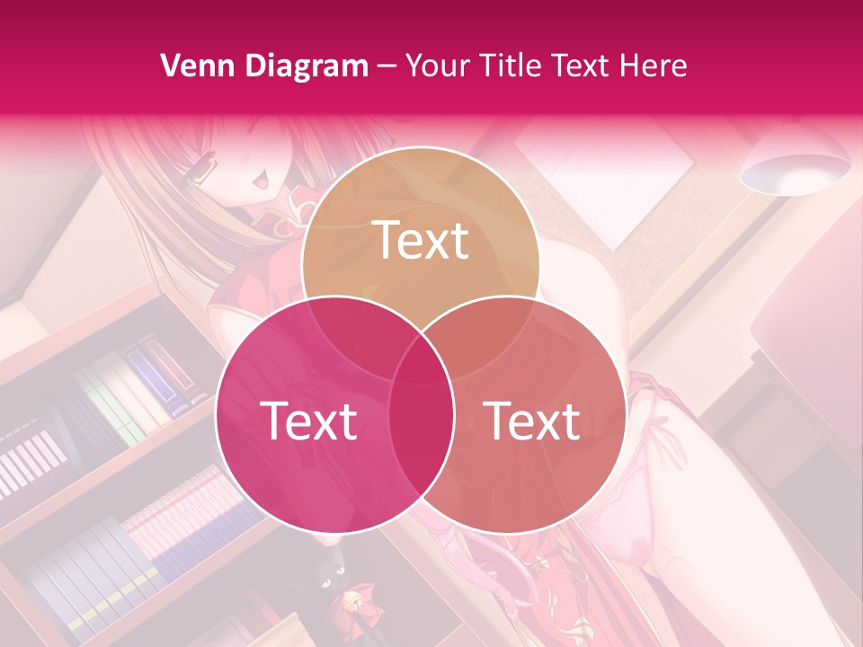 A Woman In A Red Dress Standing In Front Of A Book Shelf PowerPoint Template