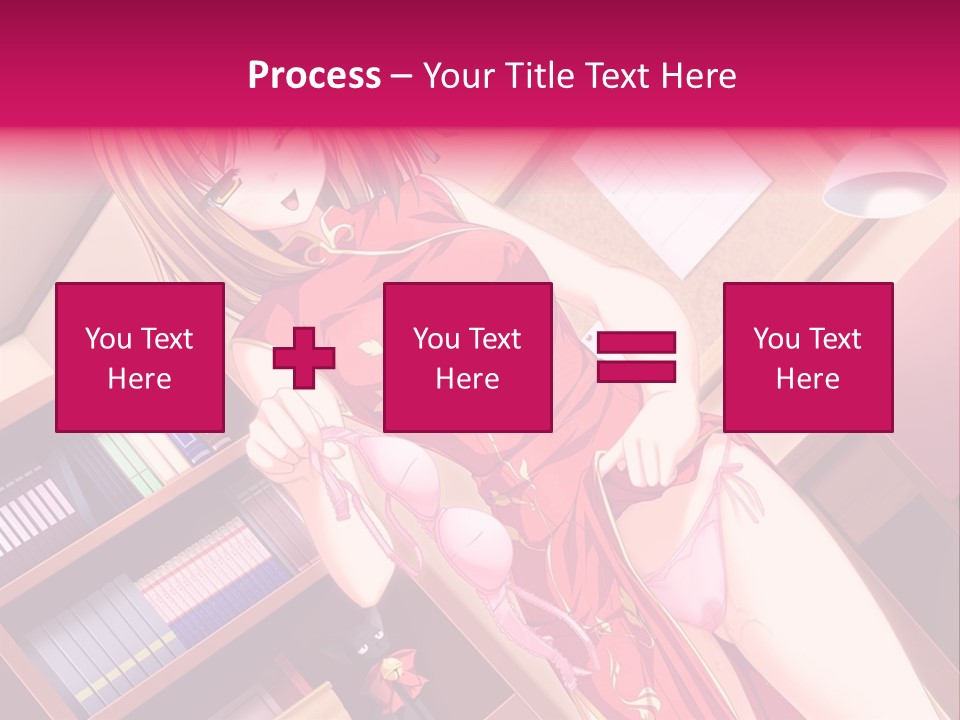 A Woman In A Red Dress Standing In Front Of A Book Shelf PowerPoint Template