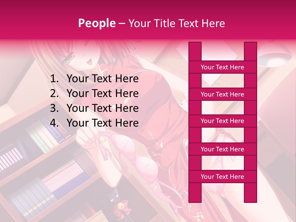 A Woman In A Red Dress Standing In Front Of A Book Shelf PowerPoint Template