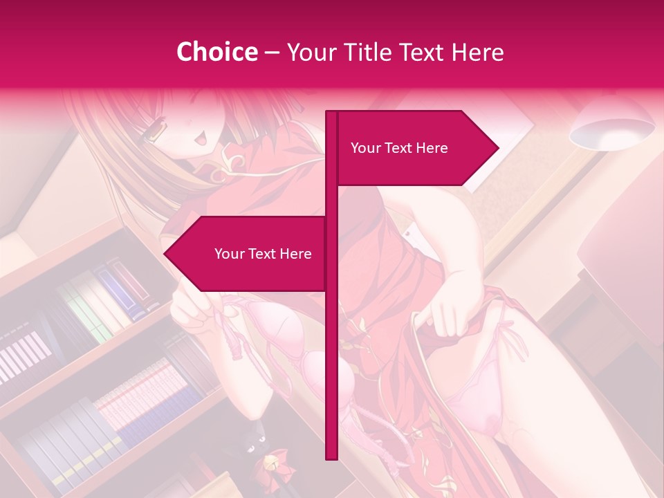 A Woman In A Red Dress Standing In Front Of A Book Shelf PowerPoint Template