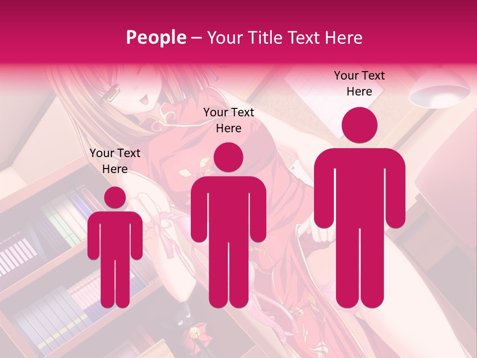 A Woman In A Red Dress Standing In Front Of A Book Shelf PowerPoint Template