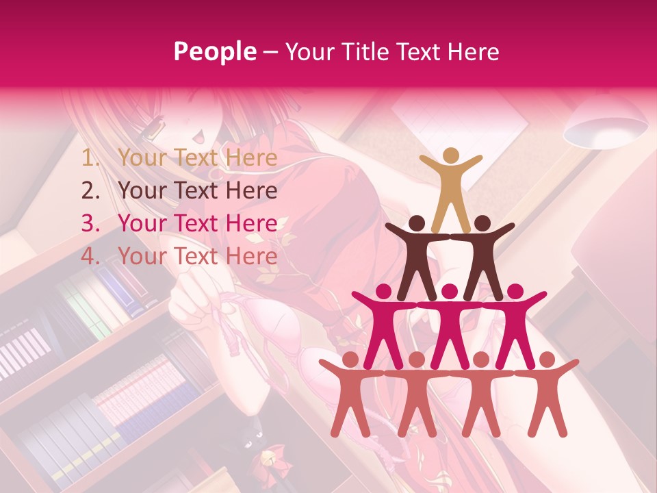 A Woman In A Red Dress Standing In Front Of A Book Shelf PowerPoint Template