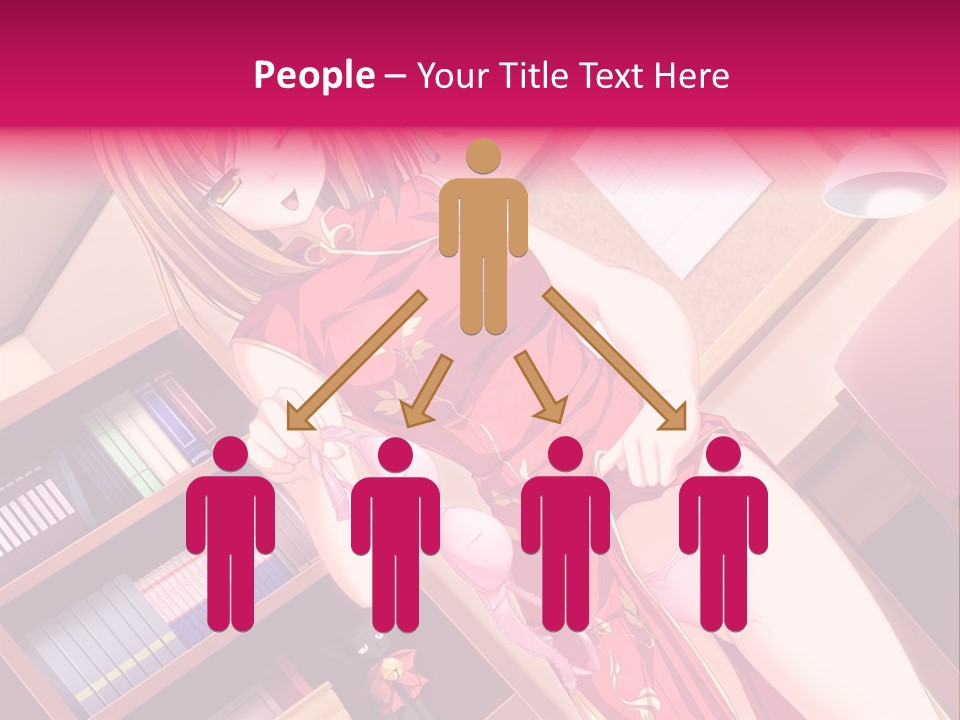 A Woman In A Red Dress Standing In Front Of A Book Shelf PowerPoint Template