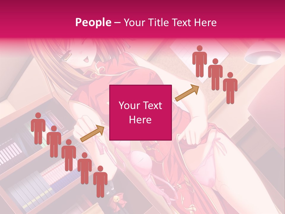 A Woman In A Red Dress Standing In Front Of A Book Shelf PowerPoint Template