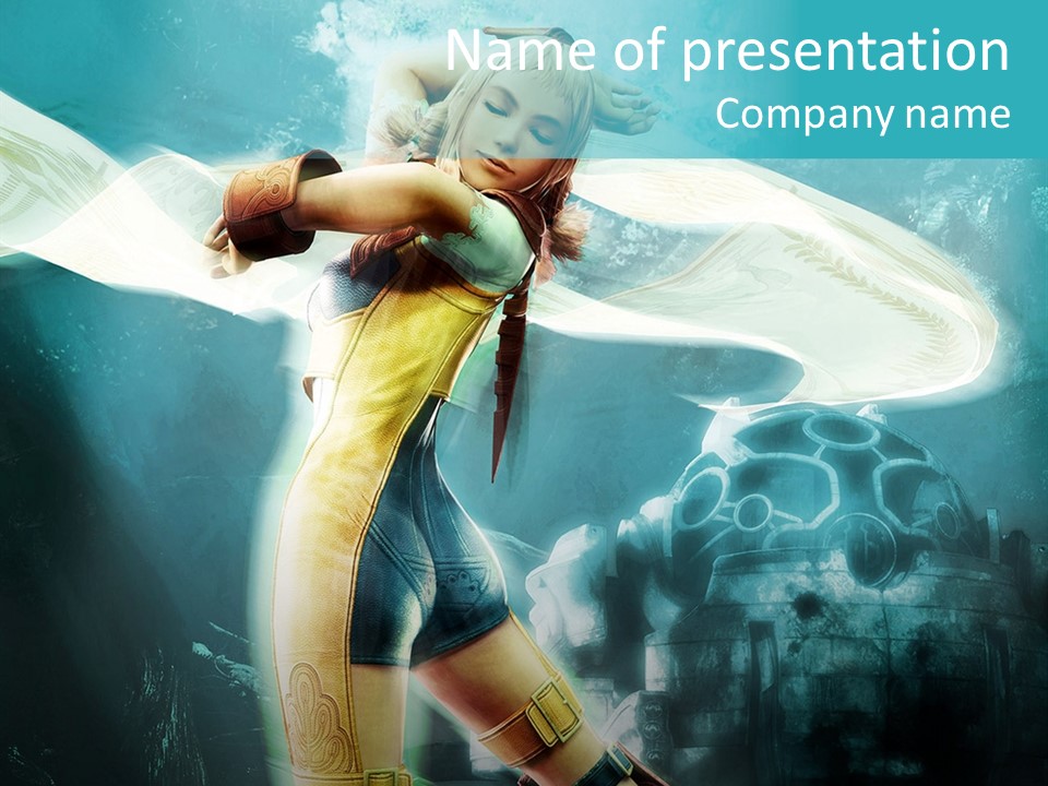 A Woman In A Yellow And Blue Outfit Holding A Sword PowerPoint Template