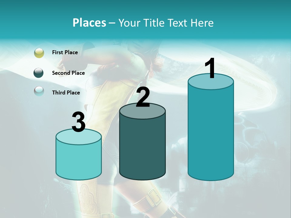 A Woman In A Yellow And Blue Outfit Holding A Sword PowerPoint Template