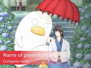 A Woman Holding An Umbrella Next To A Chicken PowerPoint Template