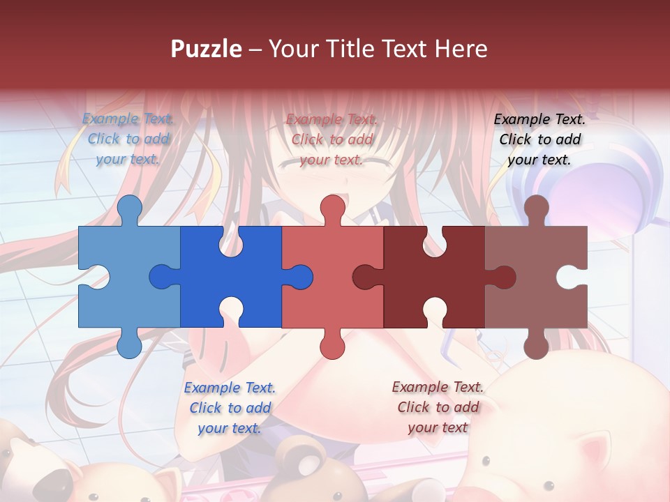 A Girl With Long Red Hair Standing In Front Of A Group Of Teddy Bears PowerPoint Template