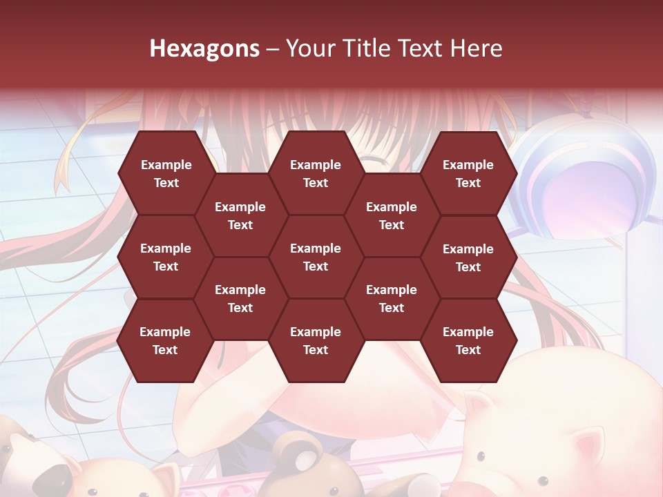 A Girl With Long Red Hair Standing In Front Of A Group Of Teddy Bears PowerPoint Template