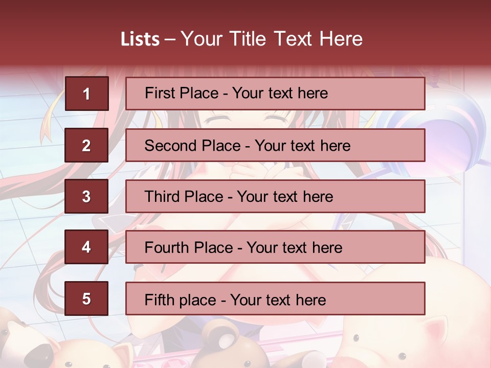 A Girl With Long Red Hair Standing In Front Of A Group Of Teddy Bears PowerPoint Template