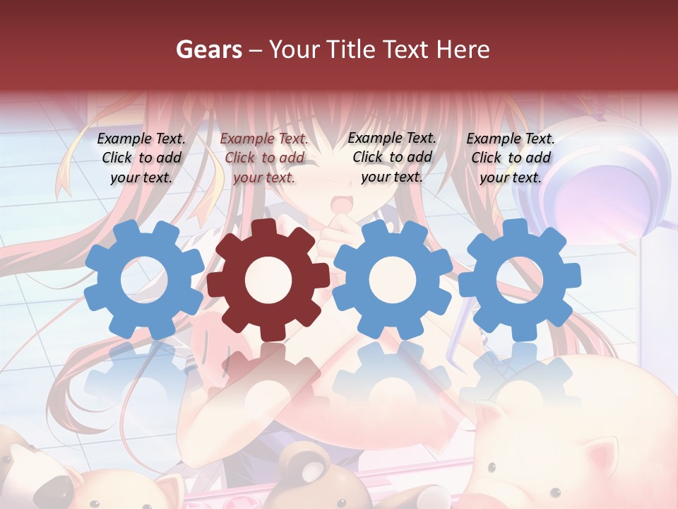 A Girl With Long Red Hair Standing In Front Of A Group Of Teddy Bears PowerPoint Template