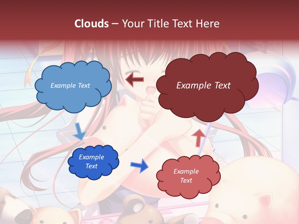 A Girl With Long Red Hair Standing In Front Of A Group Of Teddy Bears PowerPoint Template