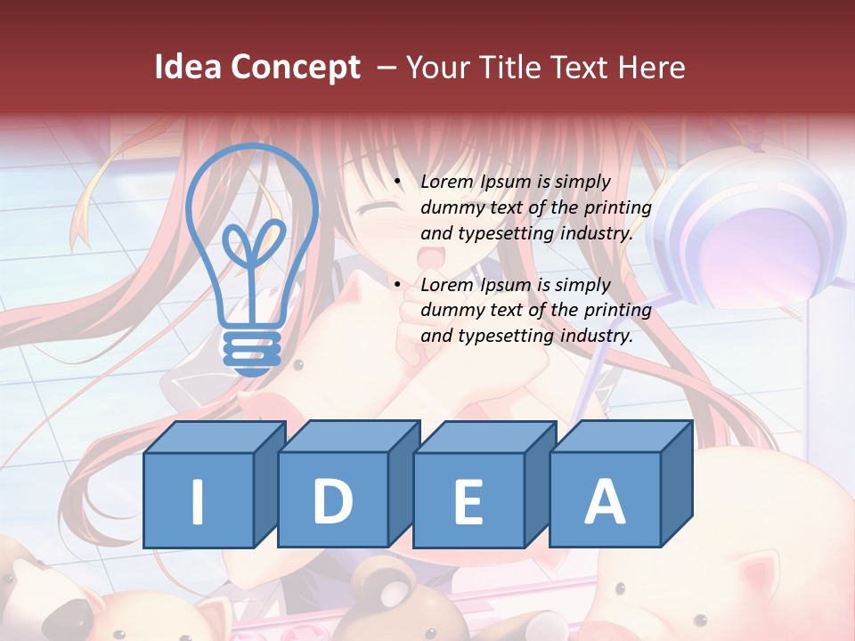 A Girl With Long Red Hair Standing In Front Of A Group Of Teddy Bears PowerPoint Template