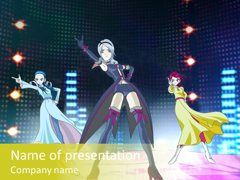 A Group Of Anime Characters Standing On A Stage PowerPoint Template