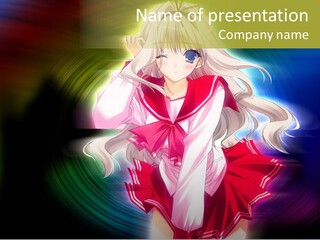 A Woman In A Red And White Dress With Long Blonde Hair PowerPoint Template