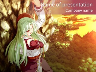 A Woman With Long Green Hair Standing In Front Of A Tree PowerPoint Template