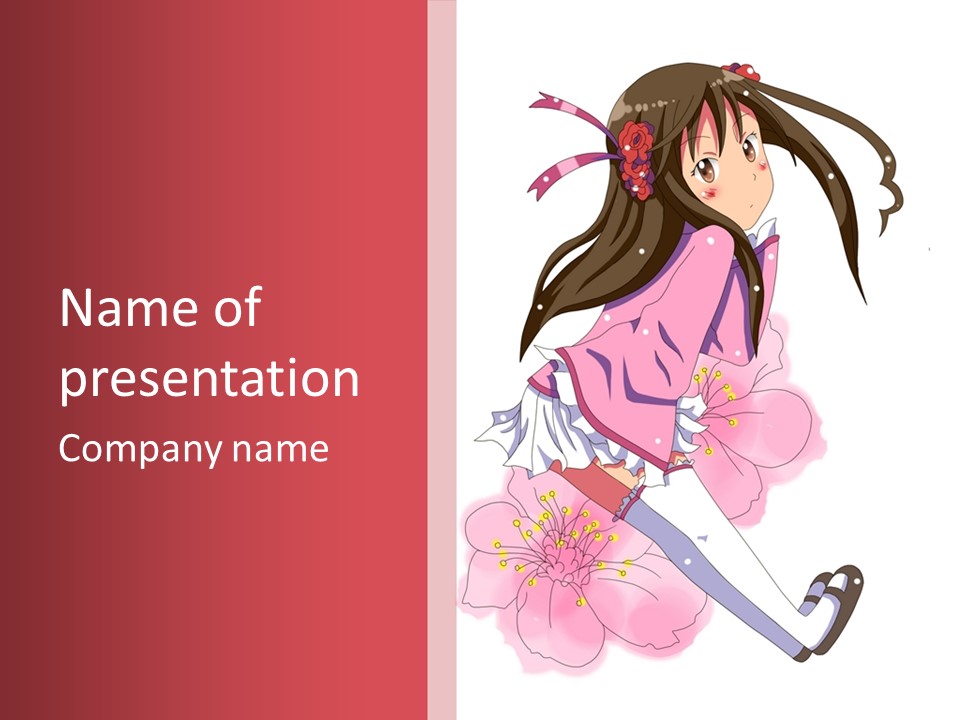 A Girl With Long Hair And A Pink Dress Is Standing In Front Of A Red PowerPoint Template