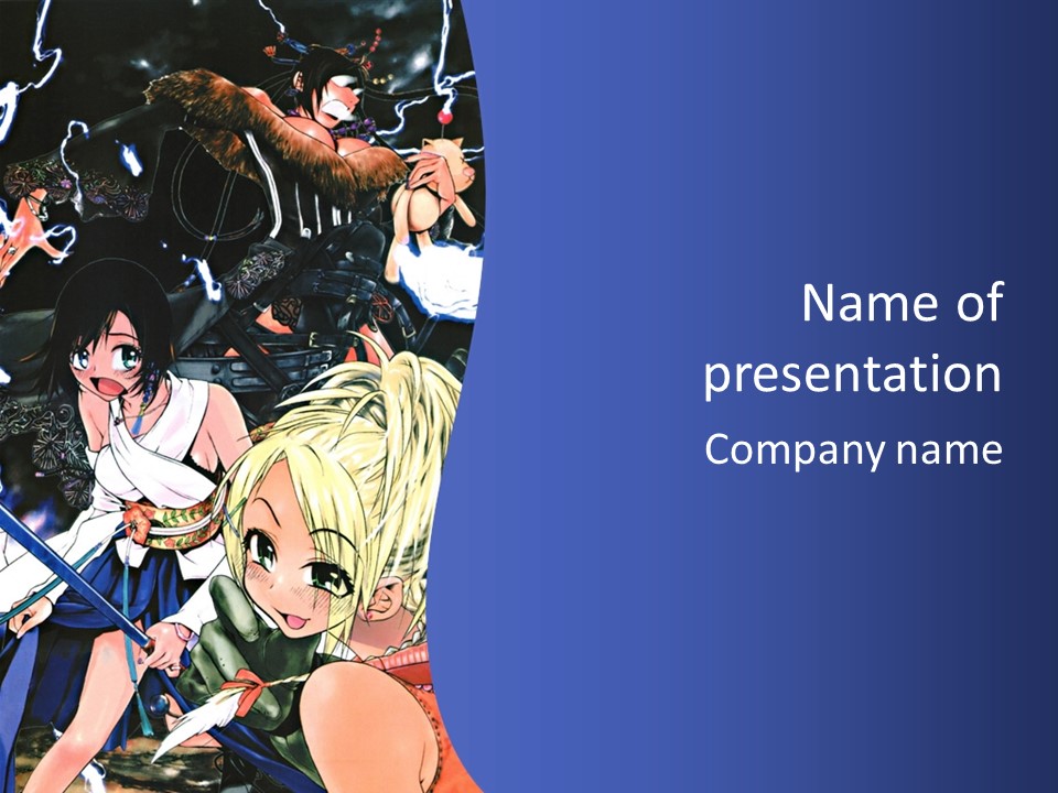 A Group Of Anime Characters With Swords On A Blue Background PowerPoint Template