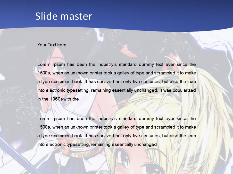 A Group Of Anime Characters With Swords On A Blue Background PowerPoint Template