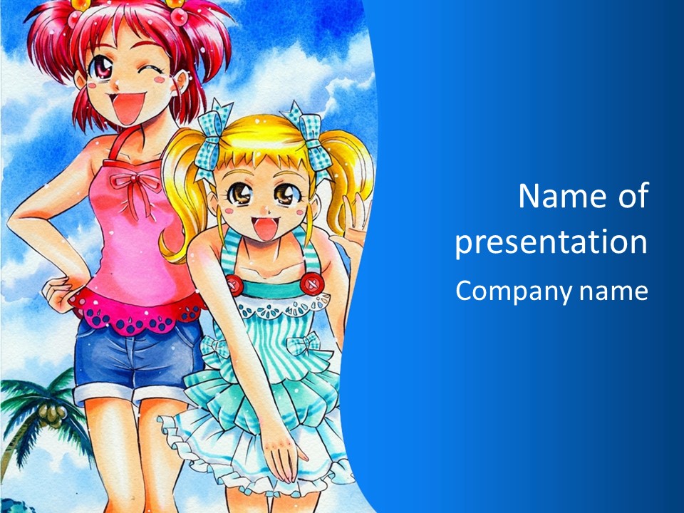 Two Young Girls Standing Next To Each Other On A Blue Background PowerPoint Template