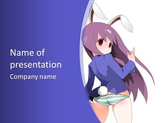 A Girl With Long Hair And A Blue Shirt Is Standing In Front Of A Purple PowerPoint Template