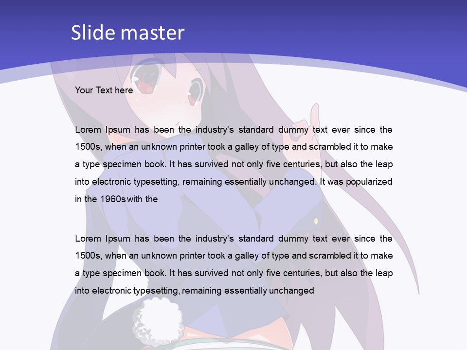 A Girl With Long Hair And A Blue Shirt Is Standing In Front Of A Purple PowerPoint Template