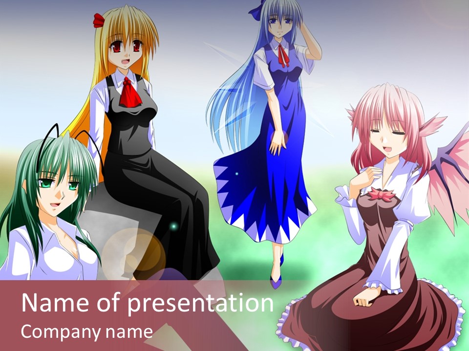 A Group Of Anime Girls Sitting Next To Each Other PowerPoint Template