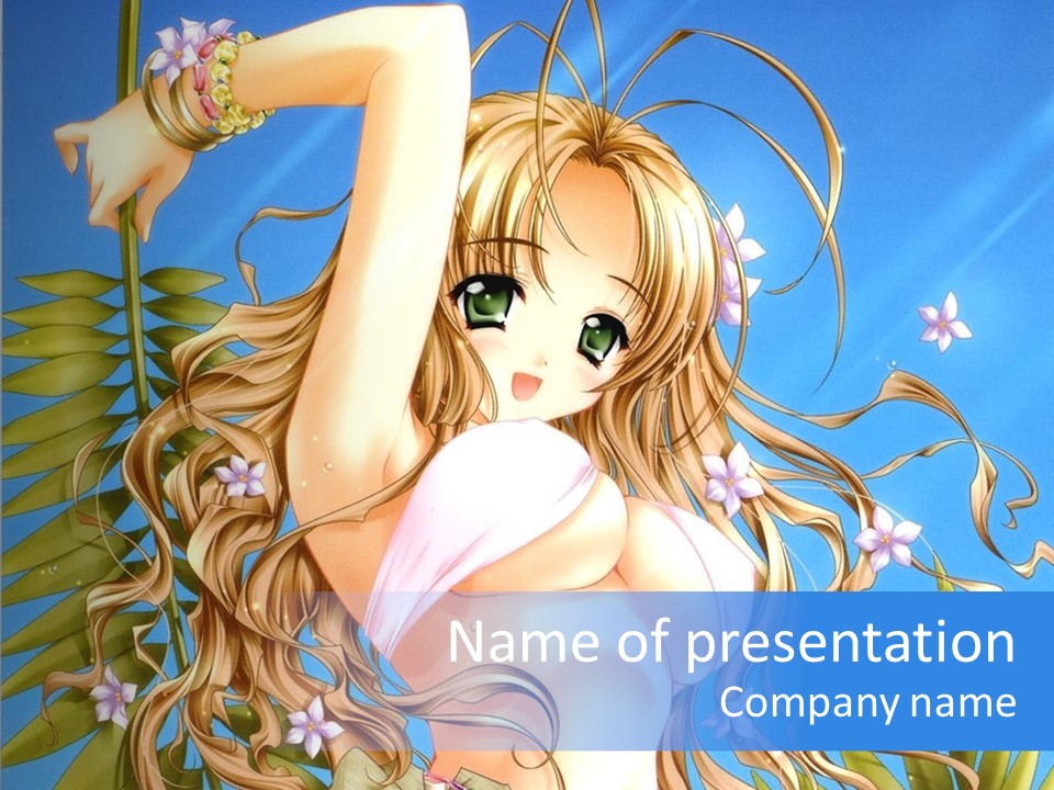 A Woman With Long Hair And Green Eyes Is Posing In Front Of A Blue Background PowerPoint Template