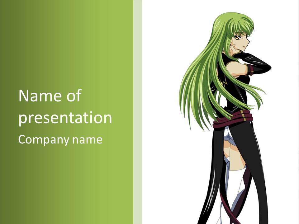 A Woman With Long Green Hair Standing In Front Of A Green Background PowerPoint Template