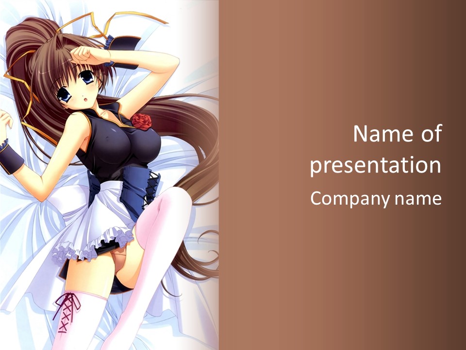 A Girl With Long Brown Hair And A Black Top Is Posing In Front Of A PowerPoint Template