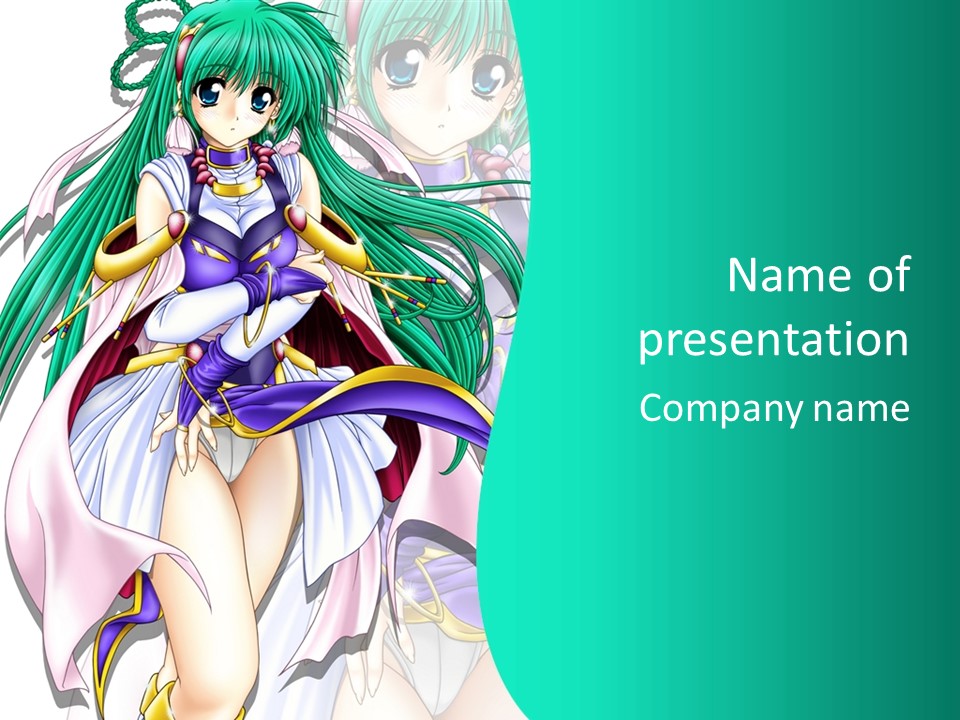 An Anime Character With Long Green Hair And Blue Eyes PowerPoint Template